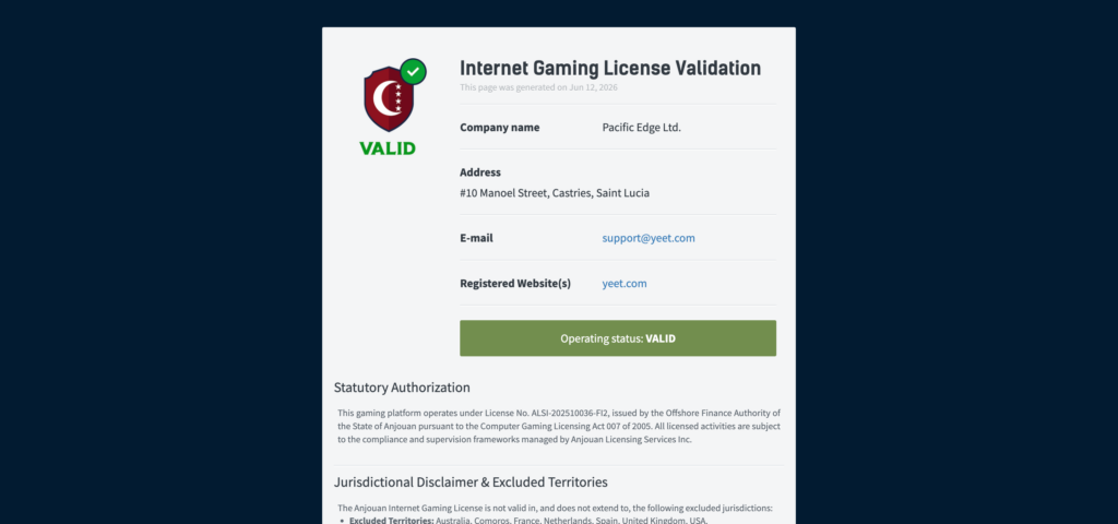 YEET Anjouan license