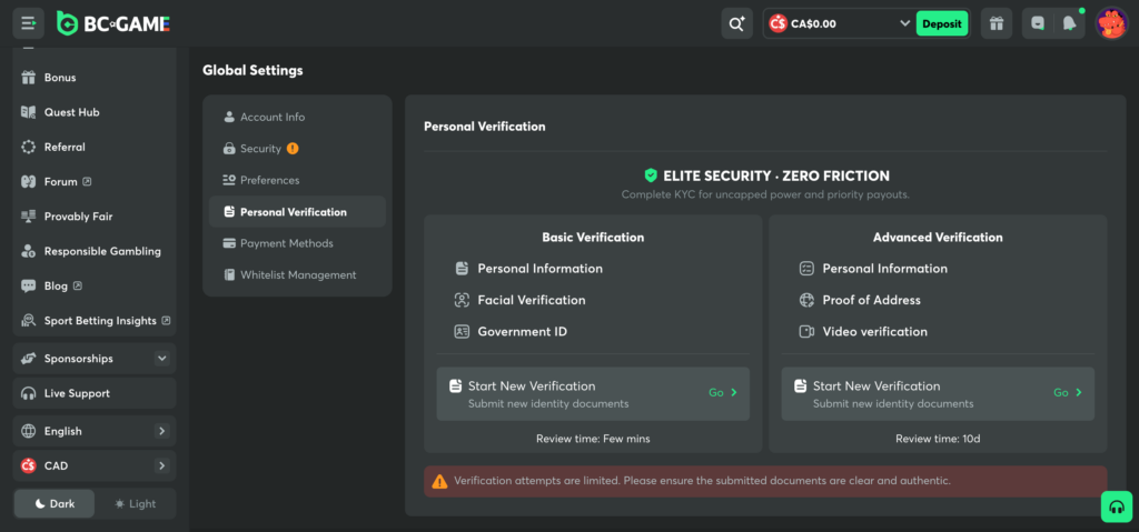 BC Games verification KYC