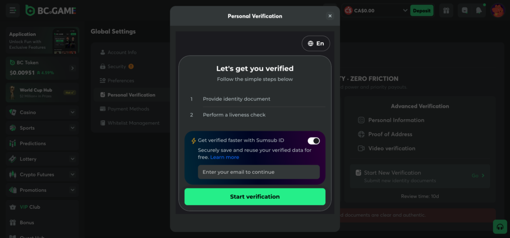 BC Games verification KYC
