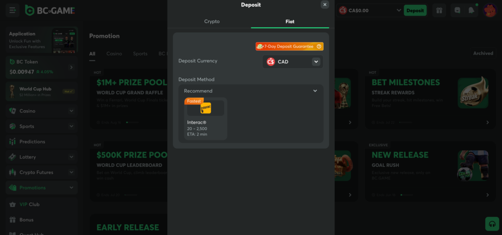 BC Games deposit method fiat