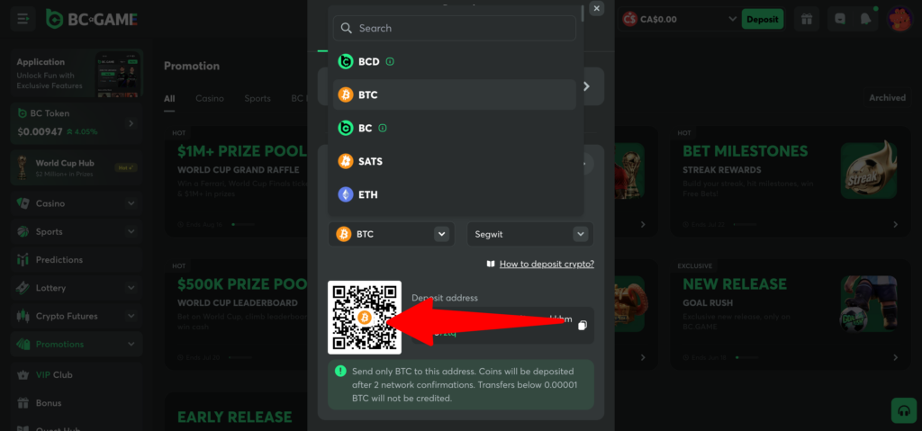 BC Games deposit method crypto