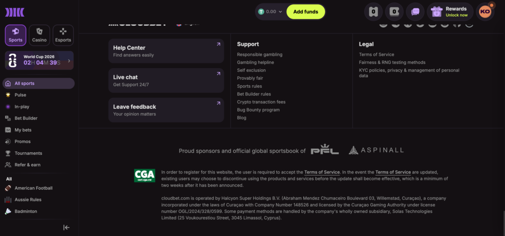Cloudbet footer info