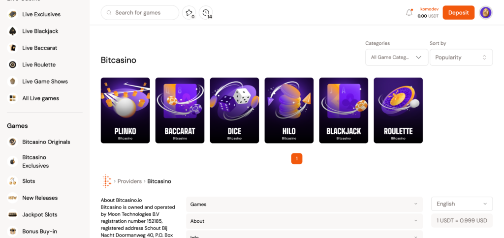 Bitcasino.io original games seen when testing