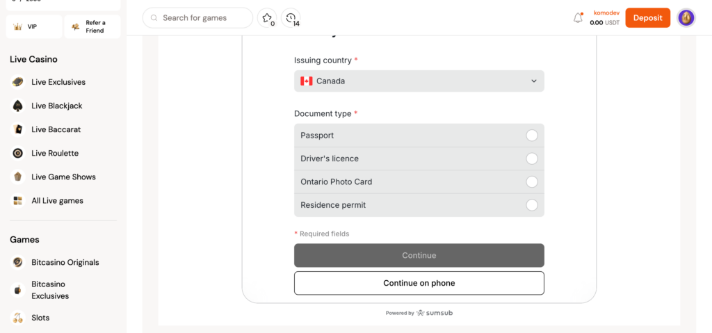Bitcasino Sumsub KYC verifications
