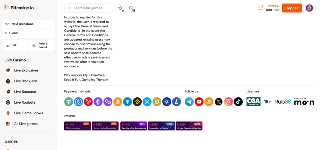 Bitcasino footer details