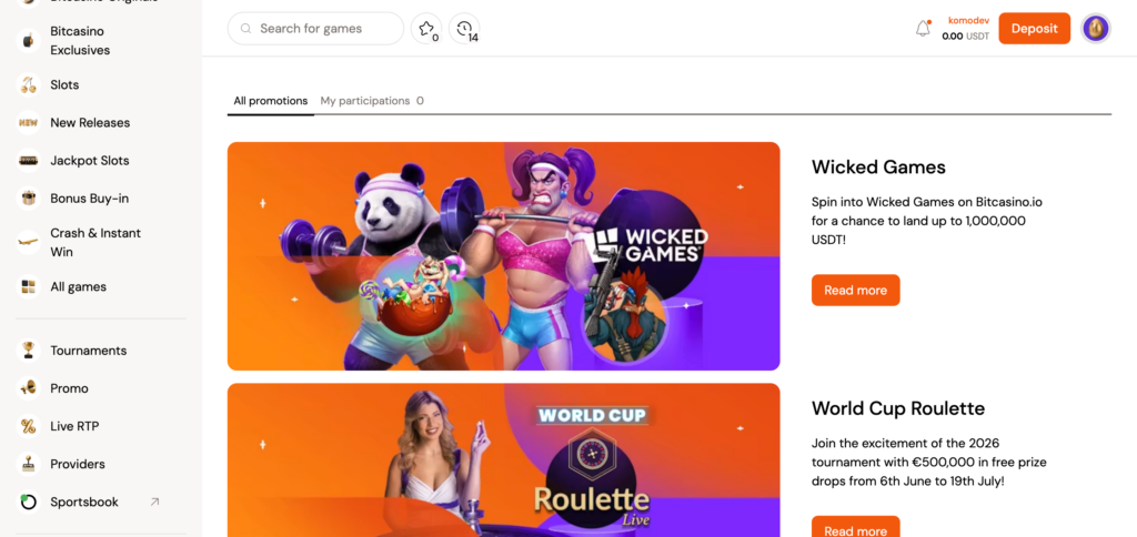 Bitcasino.io home promotions seen when testing