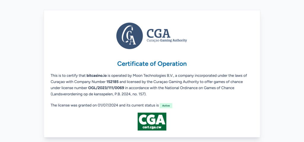 Bitcasino CGA license