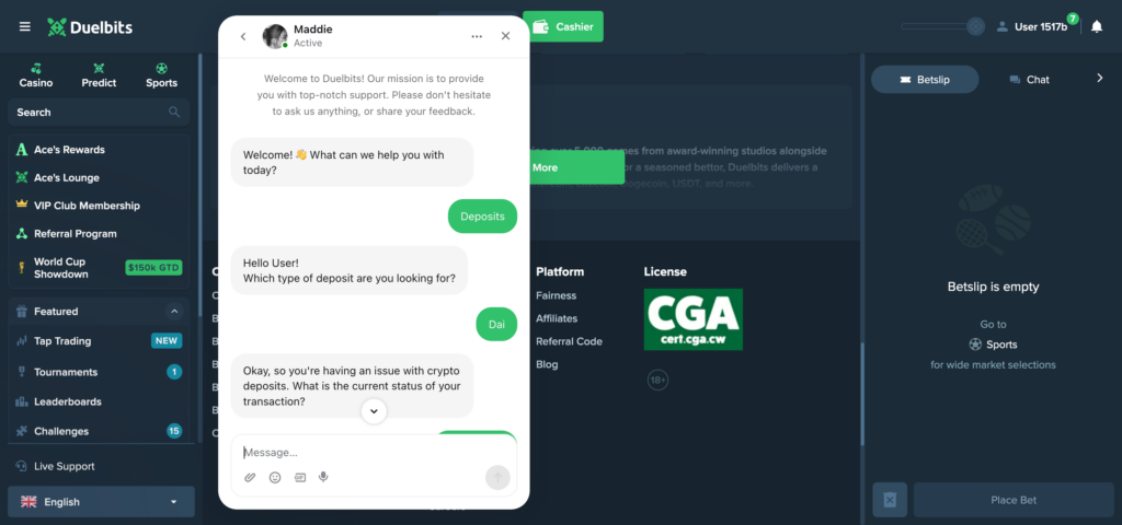 Duelbits support chat