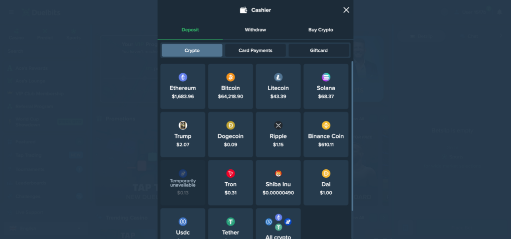 Duelbits deposit methods