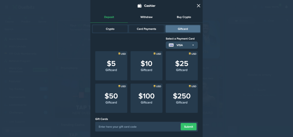 Duelbits giftcard deposits