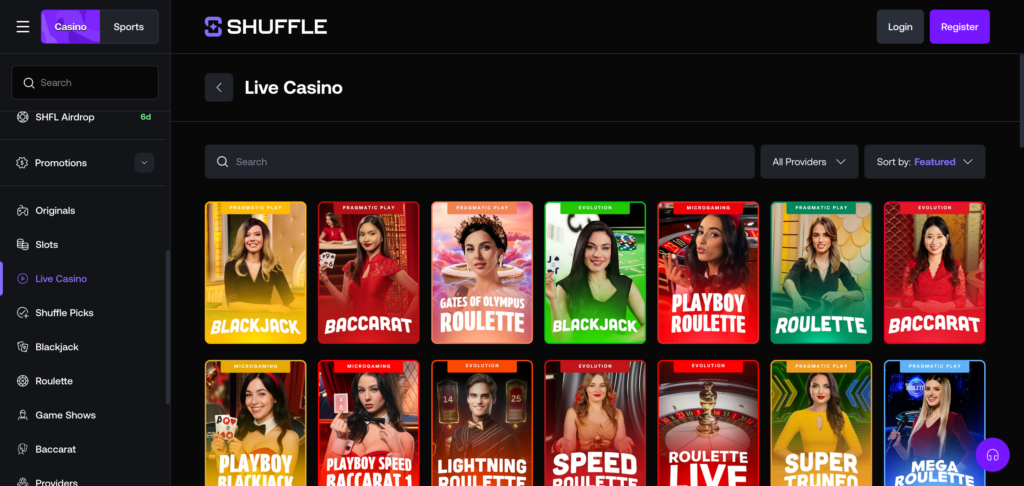 Shuffle live casino as seen when testing