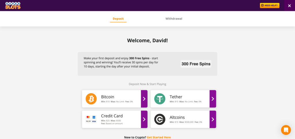 SuperSlots deposit method