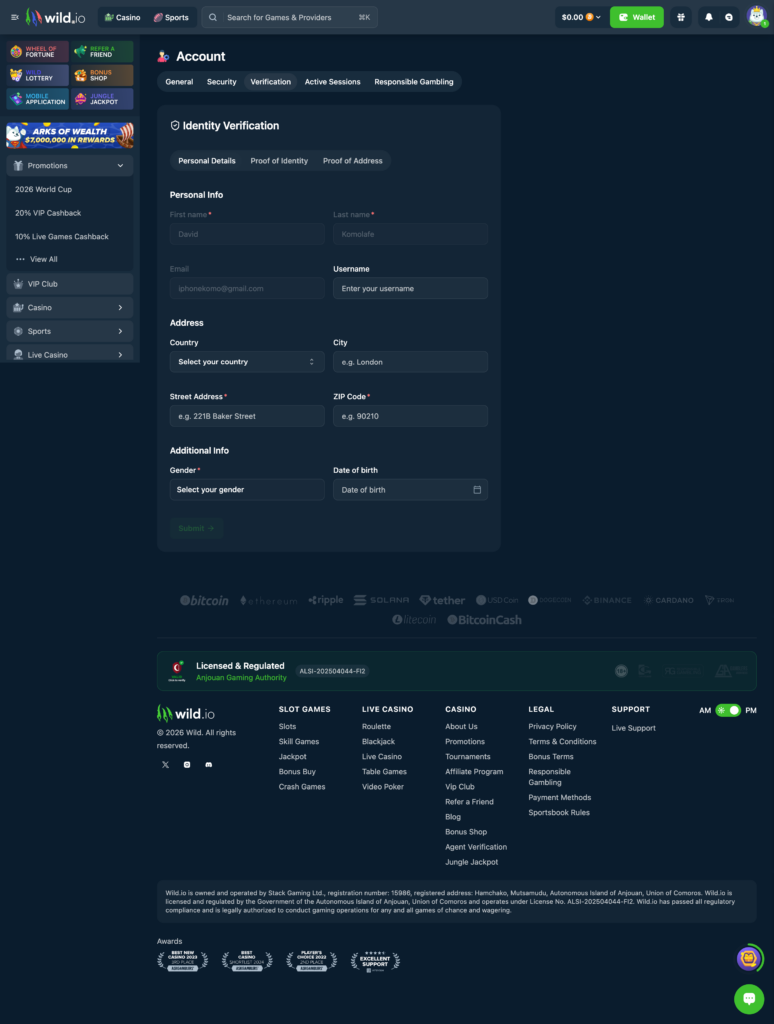 wild.io input account details