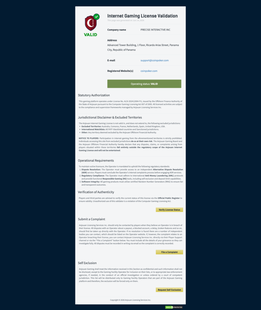 Coinpoker Anjouan license