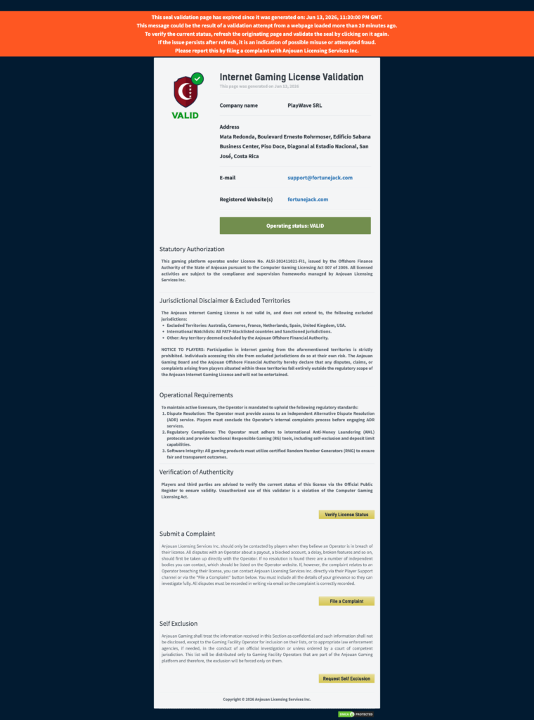 Fortunejack Anjouan license
