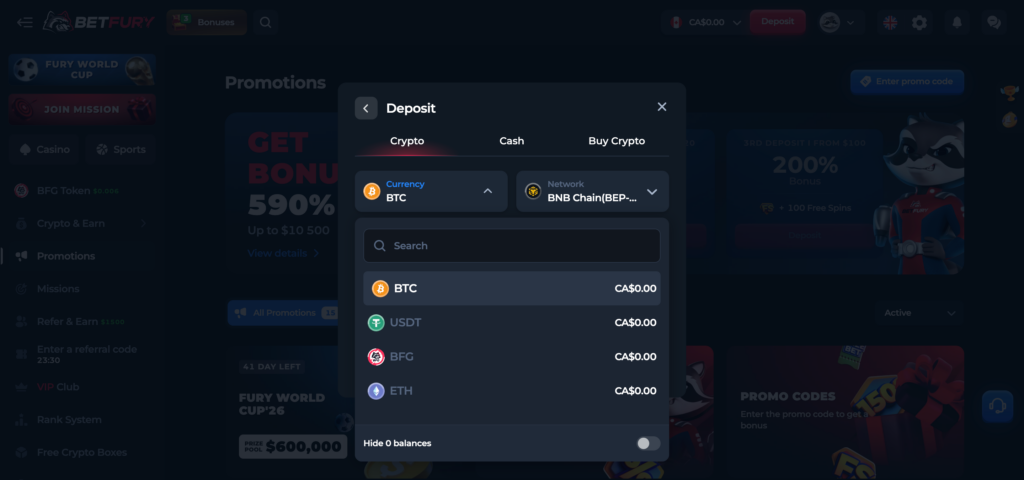 BetFury crypto deposit methods