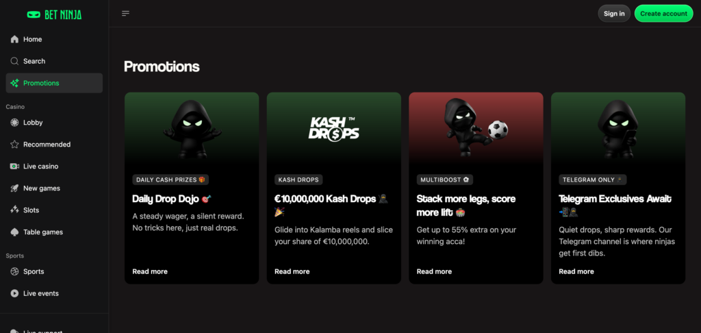Betninja promotions as seen when testing