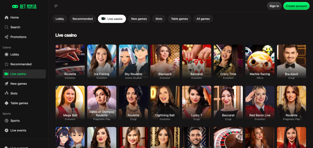 Betninja live casino as seen when testing