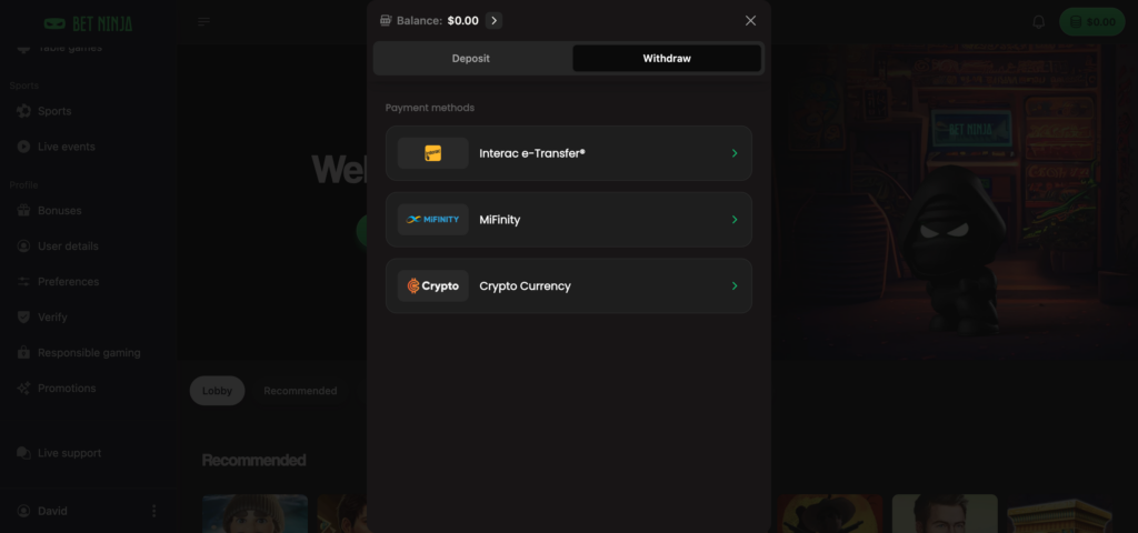 Betninja withdrawal method