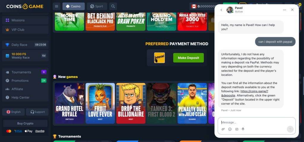coins.game support chat conversations