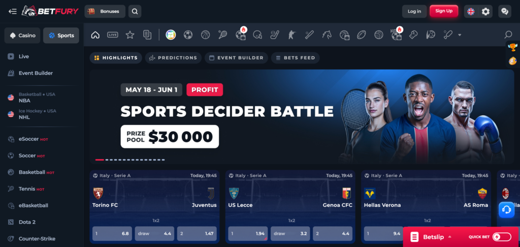 BetFury sportsbook as seen when testing