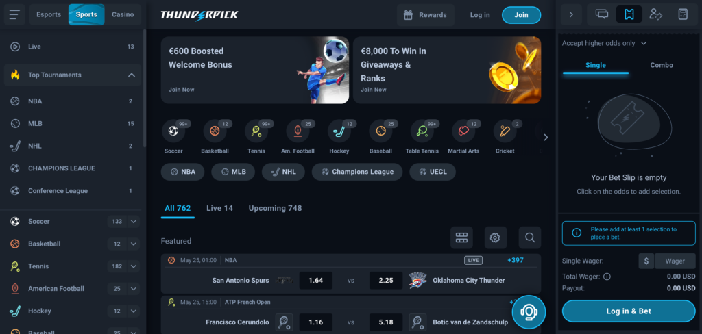 Thunderpick sportsbook as seen when testing