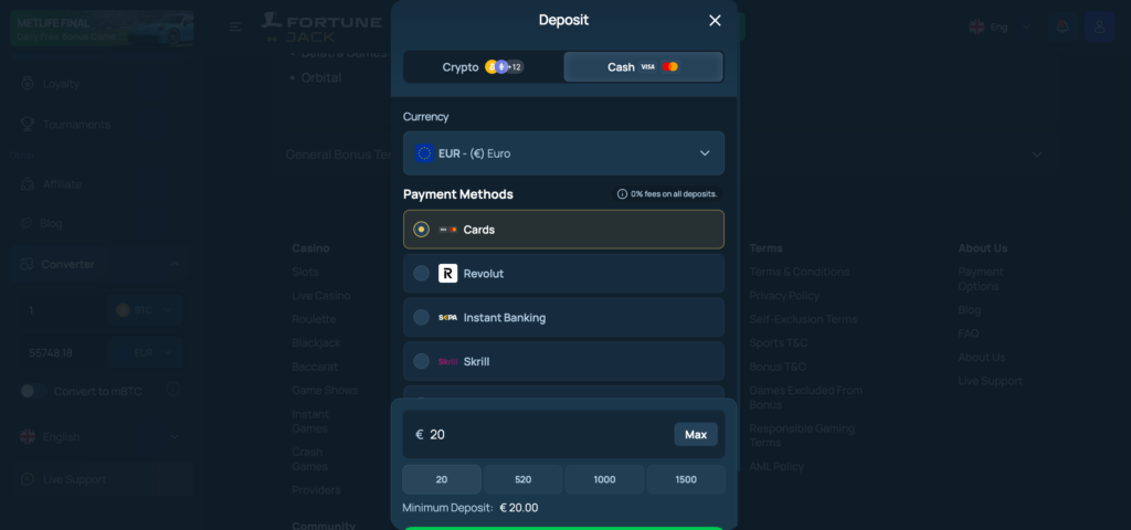 Fortunejack card deposit method