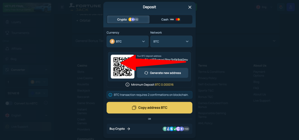 Fortunejack crypto deposit method