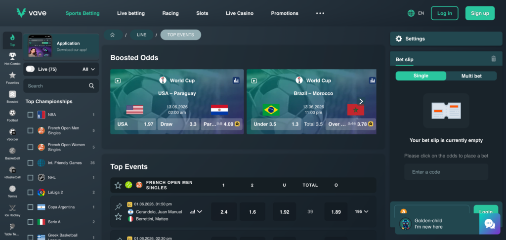 Vave.com sportsbook seen when testing