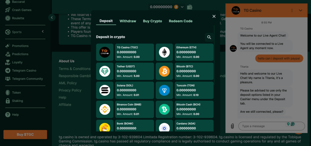 TG.Casino deposit method crypto only