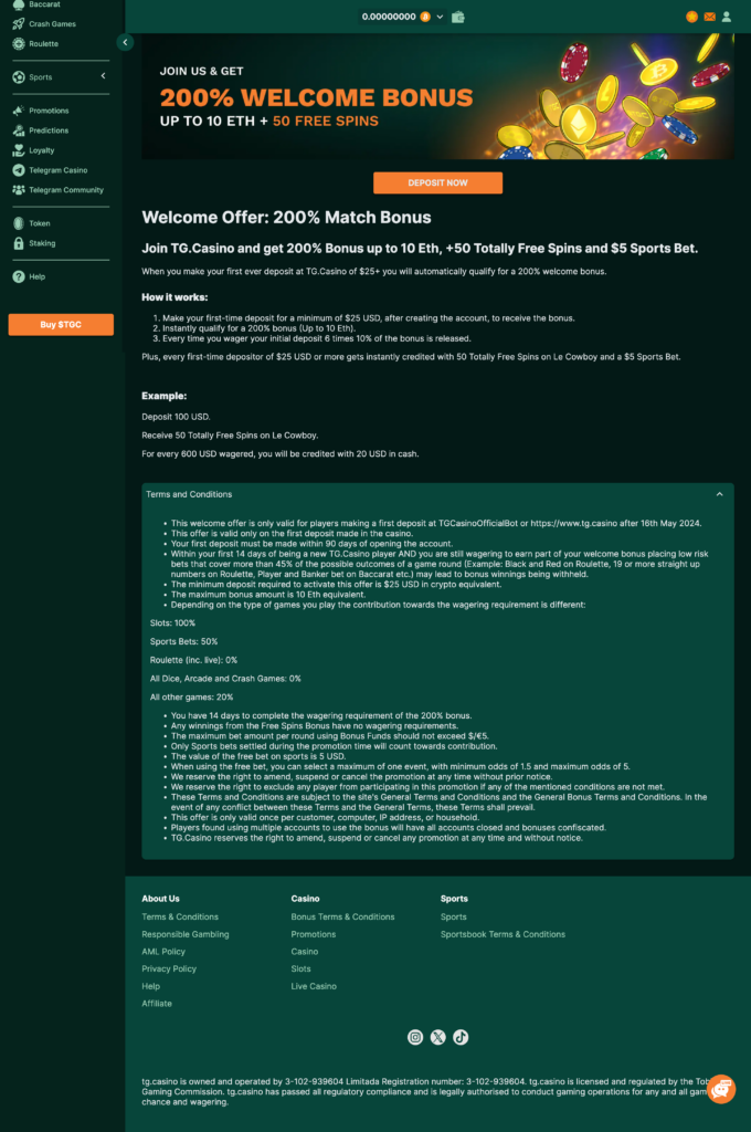 TG.Casino welcome bonus