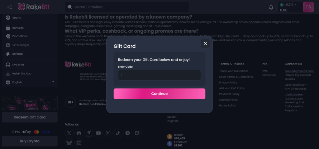 Rakebit redeem giftcard