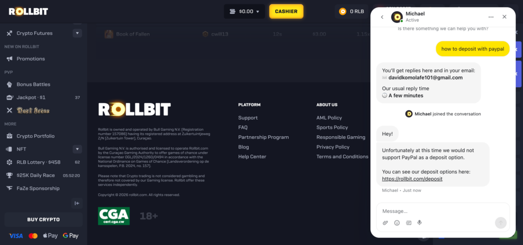 Rollbit support chat