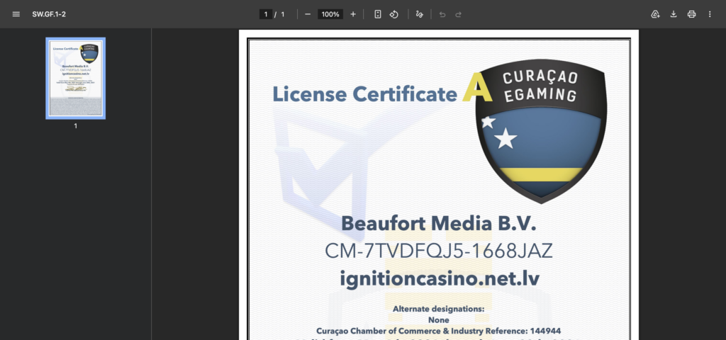 Ignition Casino license