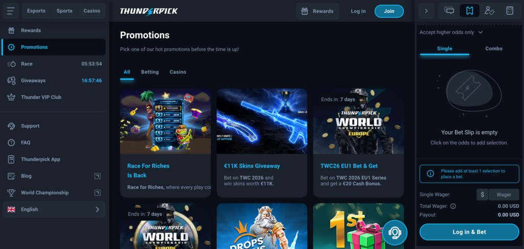 Thunderpick promotions as seen when testing 