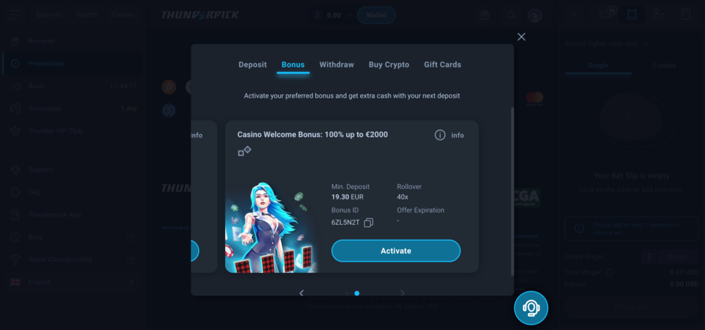 Thunderpick casino bonus