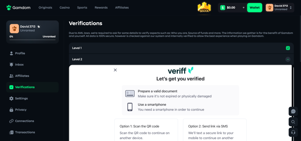Gamdom verifications
