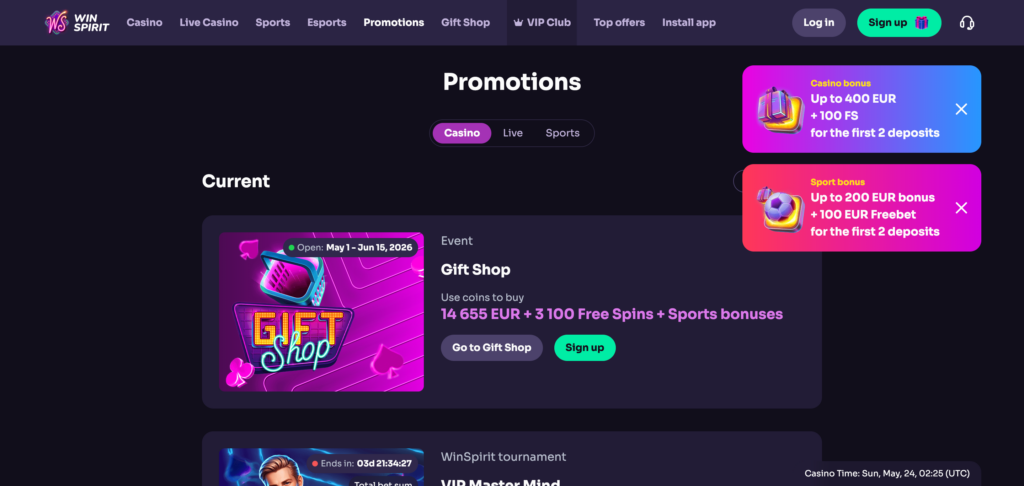 WinSpirit promotions as seen when testing
