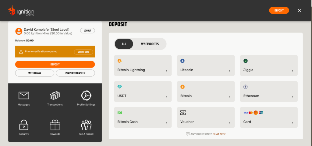 Ignition Casino deposit method