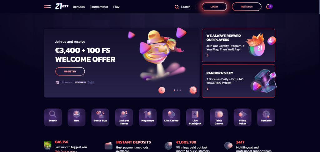 21bit Casino home page