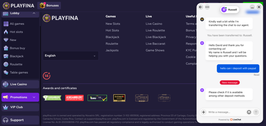 Playfina support conversation 