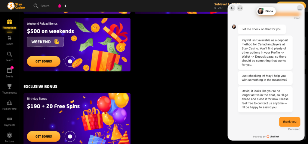 Stay Casino support conversation