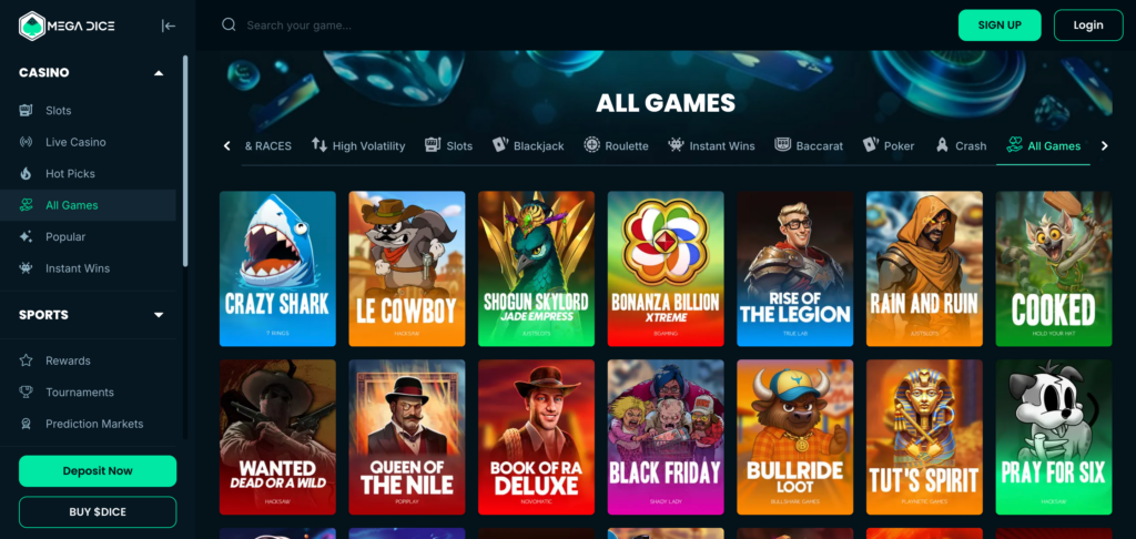 Mega Dice games seen when testing