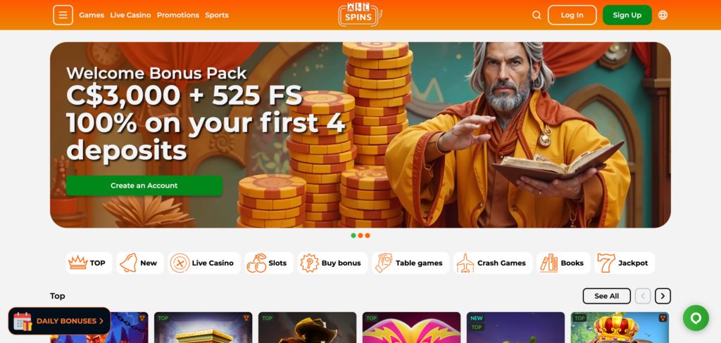 AllSpins Casino home page