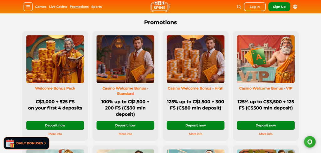 AllSpins Casino promotions as seen when testing