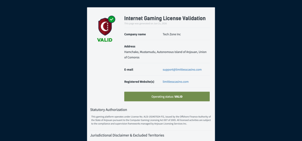 Limitless Casino license 