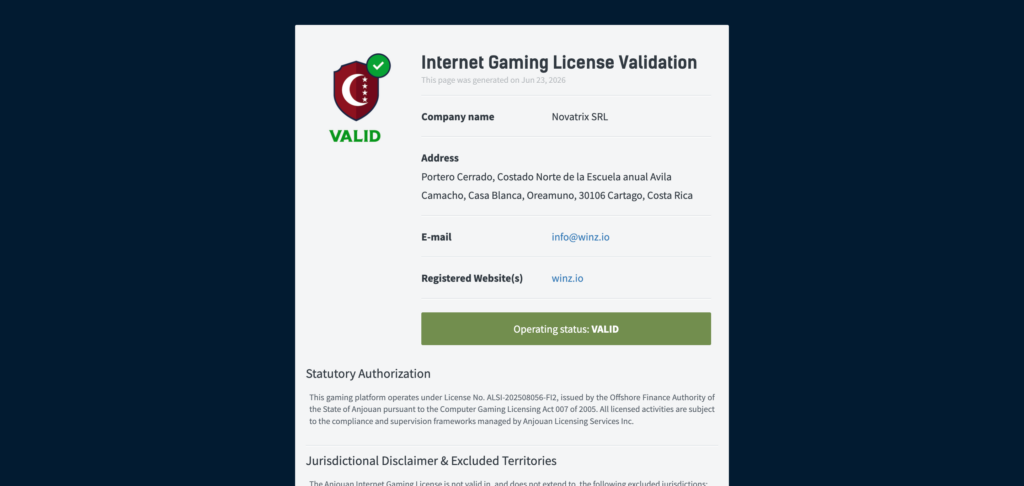 Winz Casino license