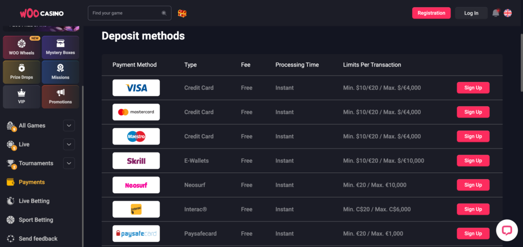Woo Casino deposit method