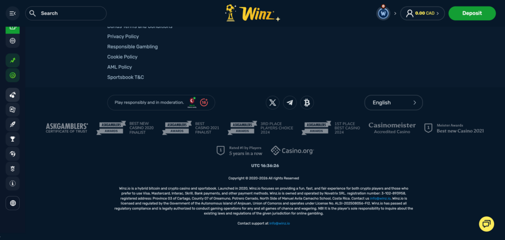 Winz Casino footer