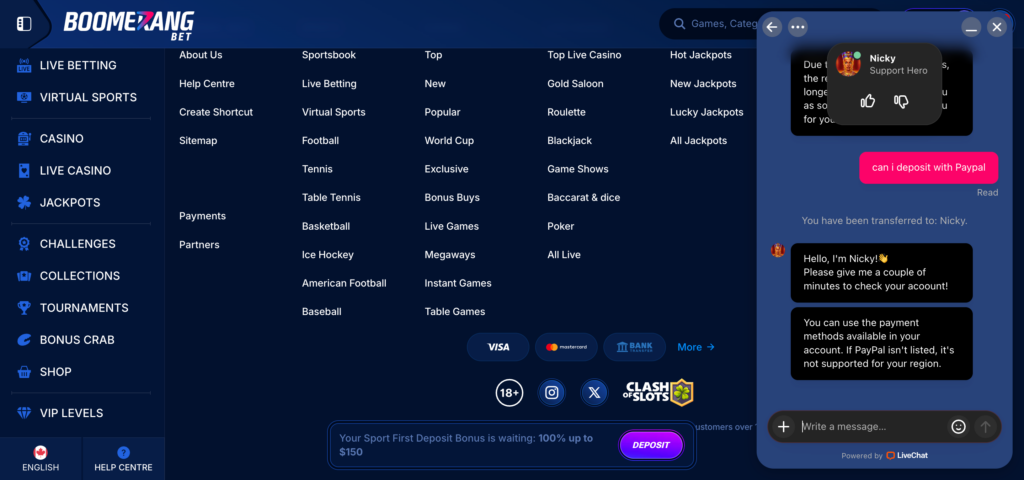 Boomerang Bet support chat